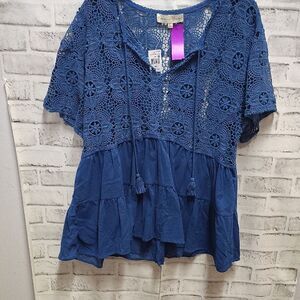 Penelope Mack Blue Short Sleeve Cropped Blouse